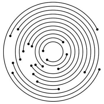 Random concentric circles with dots. Circular, spiral design element. Illustrazione stock