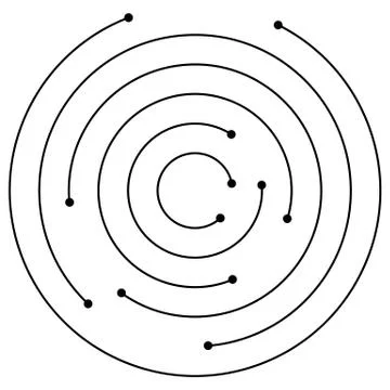 Random concentric circles with dots. Circular, spiral design element. Illustrazione stock
