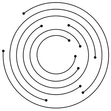Random concentric circles with dots. Circular, spiral design element. Illustrazione stock