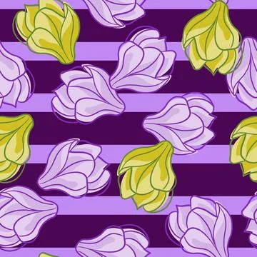 Random contoured magnolia flowers elements seamless pattern. Purple striped b Stock Illustration