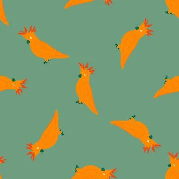 Random contrast seamless pattern with bright orange cockatoo parrot silhouett Illustrazione stock