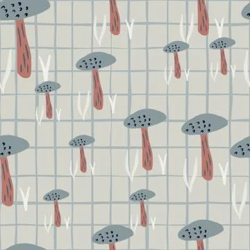 Random creative forest mushroom seamless pattern. Brown and blue colored fung Stock Illustration