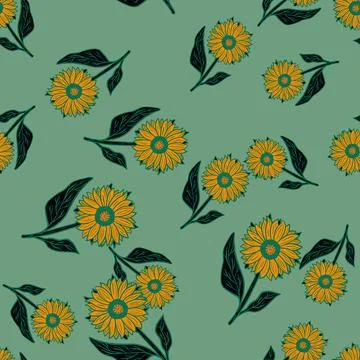Random creative seamless pattern with yellow contoured sunflower shapes. Blue Illustrazione stock