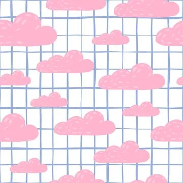 Random cute seamless doodle clouds pattern. Pink weather sky elements on whit 스톡 일러스트