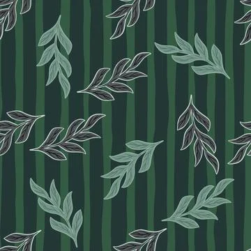Random dark herbal seamless pattern with outline branches elements. Green str Stock Illustration