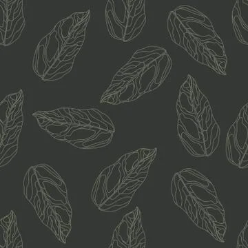 Random dark outline leaf silhouettes seamless pattern. Grey contoured botanic Illustrazione stock