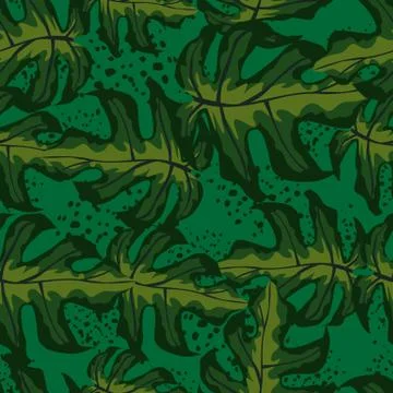 Random dark seamless pattern with botanic monstera elements. Green tones artw Illustrazione stock
