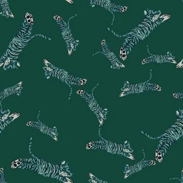 Random dark seamless pattern with cartoon blue tiger elements. Green backgrou 스톡 일러스트