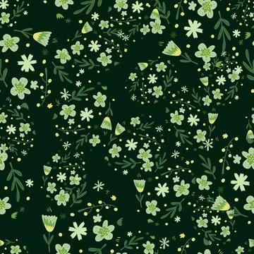 Random dark seamless pattern with green creative flower elements and dark bro Stockillustratie