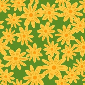 Random decor seamless pattern with yellow flowers daisy shapes. Green backgro Stock Illustration