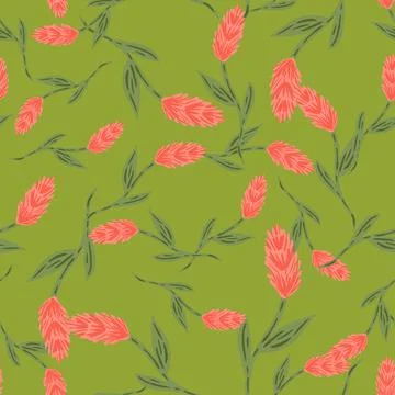 Random decorative seamless pattern with pink ear of wheat elements print. Gre Stockillustratie