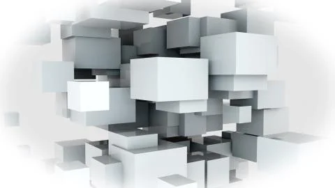 Random design of many white cubes. Computer generated web background, 3d Illustrazione stock