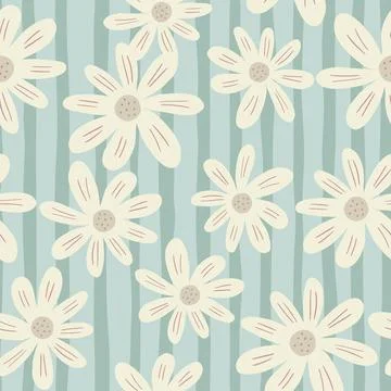 Random ditsy flowers seamless pattern on stripe background. Vintage chamomile Stock Illustration