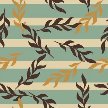 Random doodle beige and brown leaf branch ornament seamless pattern. Blue and Illustrazione stock