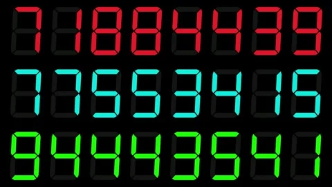 Random Eight-Digit Red, Blue and Green Digital Numbers in 3 Rows on Black bg Stock Footage 282485805