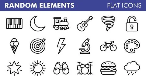 Random Elements Flat Icons Set - Diverse Collection of Everyday Objects and.. Stock Illustration