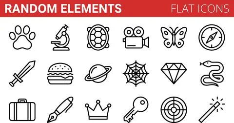 Random Elements Flat Icons Set - Paw Print, Microscope, Turtle, Camera, But.. Stock Illustration