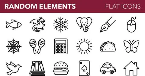 Random Elements Flat Icons Set Diverse Objects Collection. Stock Illustration