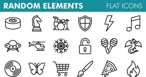 Random Elements Flat Icons Set Sushi Chess Drum Shield Lightning Music UFO .. Stock Illustration