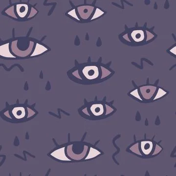 Random eye and tears seamless pattern. Purple tone background. Geometric elem Stock Illustration