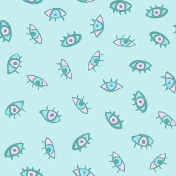 Random eye doodle seamless pattern. Hand drawn abstract face ornament on blue Stock Illustration
