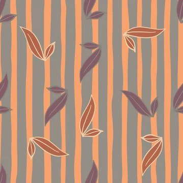 Random falling autumn foliage elements seamless pattern. Grey and orange stri 스톡 일러스트