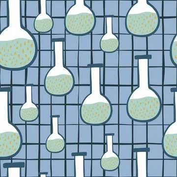 Random flask silhouettes seamless doodle pattern. Blue chequered background. Illustrazione stock