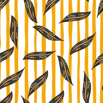 Random foliage seamless pattern with leaves print. Striped background. Illustrazione stock