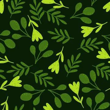 Random forest seamless pattern with green folk flowers. Botanic flora green p Stock Illustration