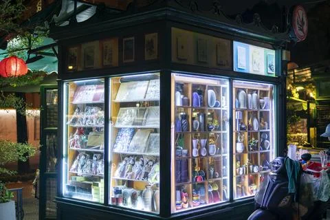 Random glowing decorative cabinets on the street Stock Photos