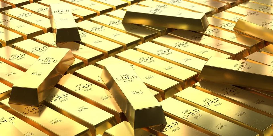 Random Gold Bars on Golden Surface - 3d illustration Stock Illustration