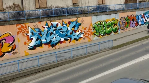 Random Graffiti Wall Traffic Near by Stock Footage 47391422