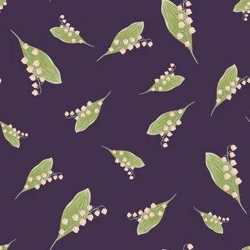 Random green and pink colored lily of the valley flower shapes. Purple backgr Stock Illustration