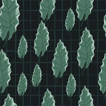 Random green autumn oak leaf silhouettes seamless pattern. Black background w Illustrazione stock