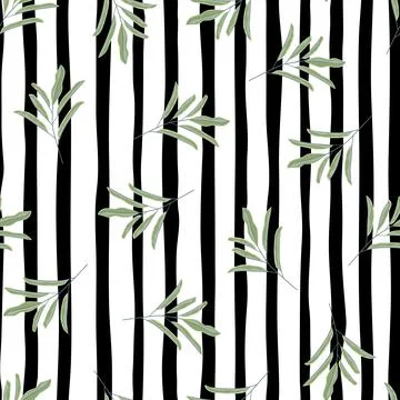 Random green colored simple leaf branches silhouettes seamless pattern. Black Illustrazione stock
