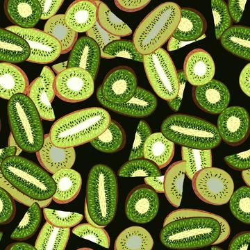 Random green kiwi slices seamless doodle pattern. Abstract contrast food orna Illustrazione stock