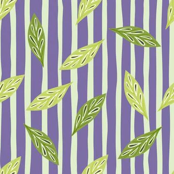 Random green leaf silhouettes seamless doodle pattern. Navy blue striped back Illustrazione stock