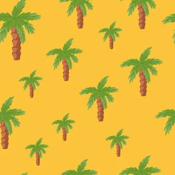 Random green palm tree elements seamless doodle pattern. Orange background. M Stock Illustration
