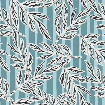 Random grey colored tropic leaves branches elements. Blue striped background. イラスト素材