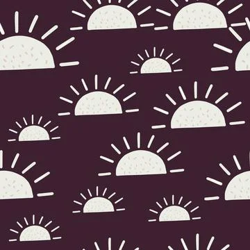 Random grey ethnic sun elements seamless pattern. Dark purple background. Han 스톡 일러스트
