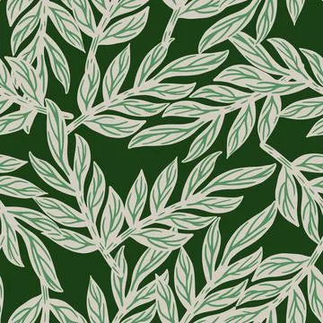 Random grey leaf branches silhouettes seamless doodle pattern. Dark green bac イラスト素材