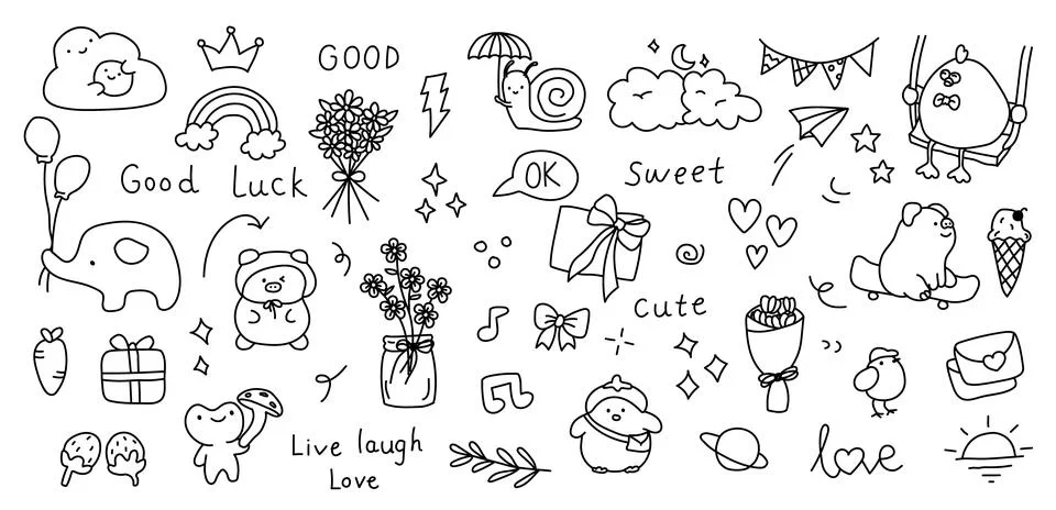 Random hand drawn doodle with clouds, snail, elephant, flowers, music note, gift Illustrazione stock