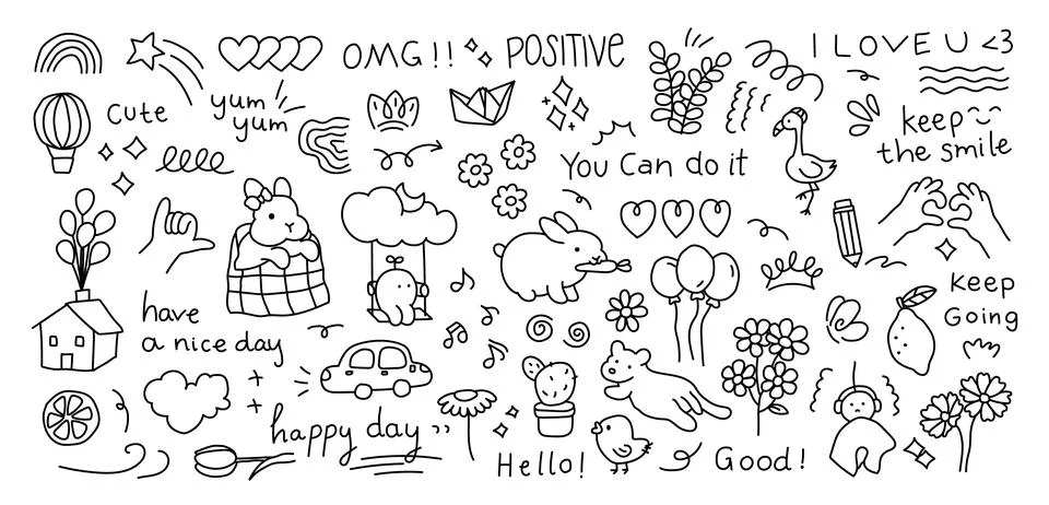 Random hand drawn doodle with rainbow, hearts, leafs, rabbit, flowers, lemon イラスト素材