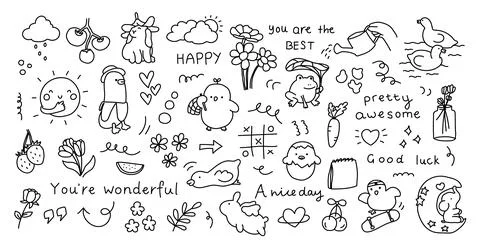 Random hand drawn doodle with tomatoes, flowers, frog, chick, duck, carrots 스톡 일러스트