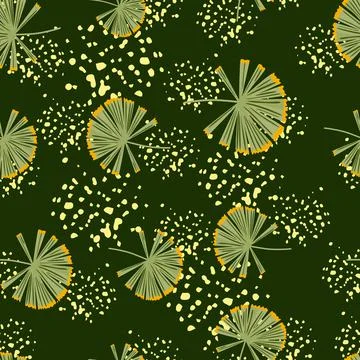 Random hand drawn seamless pattern with abstract palm licuala shapes. Green b Illustrazione stock