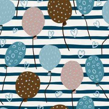 Random holiday seamless doodle pattern. Bue, brown and pink balloons silhouet Illustrazione stock