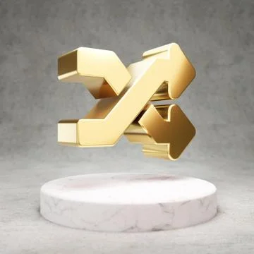 Random icon. Shiny golden Random symbol on white marble podium. Stock Illustration