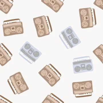 Random isolated seamless pattern with doodle tape recorder elements. Light br Stock Illustration