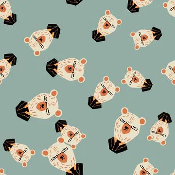 Random kids seamless pattern with doodle business bear head shapes. Pale blue イラスト素材