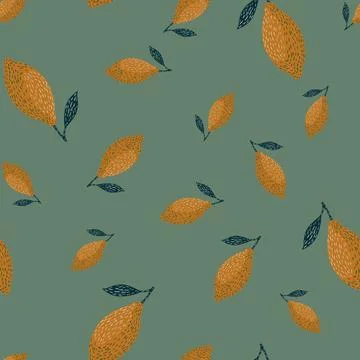 Random lemon silhouettes seamless hand drawn pattern. Orange fruits on pale g Stock Illustration